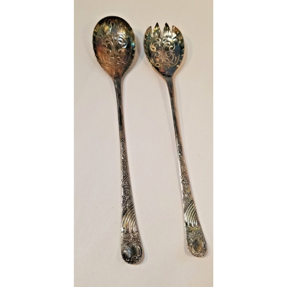 Vintage Made in England EPNS Serving Salad Spoons Lot Of 2 Very Ornate Antique? - Picture 1 of 8